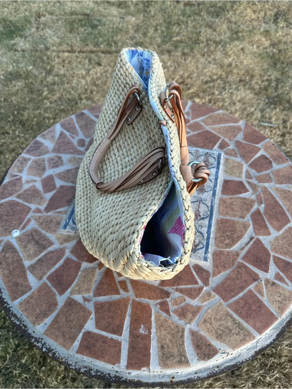 Banana Republic Woven Straw Tote Bag with Blue Floral Lining
